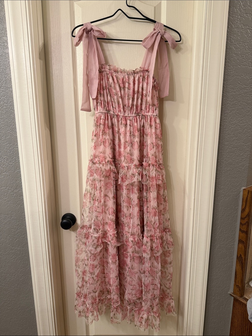 Floral Tie-Shoulder Pink Maxi Dress